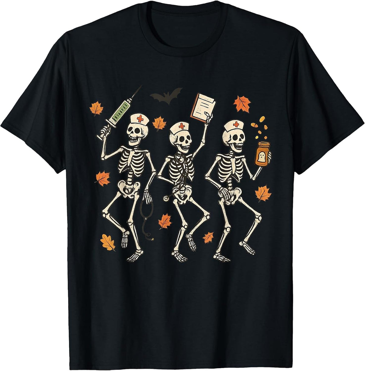 Funny Halloween Nurse Skeleton Dancing Spooky Season T-Shirt - Black