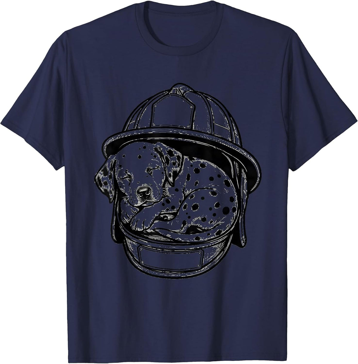 Sleeping Dalmatian Puppy in Firefighter Helmet T-Shirt - Navy Blue