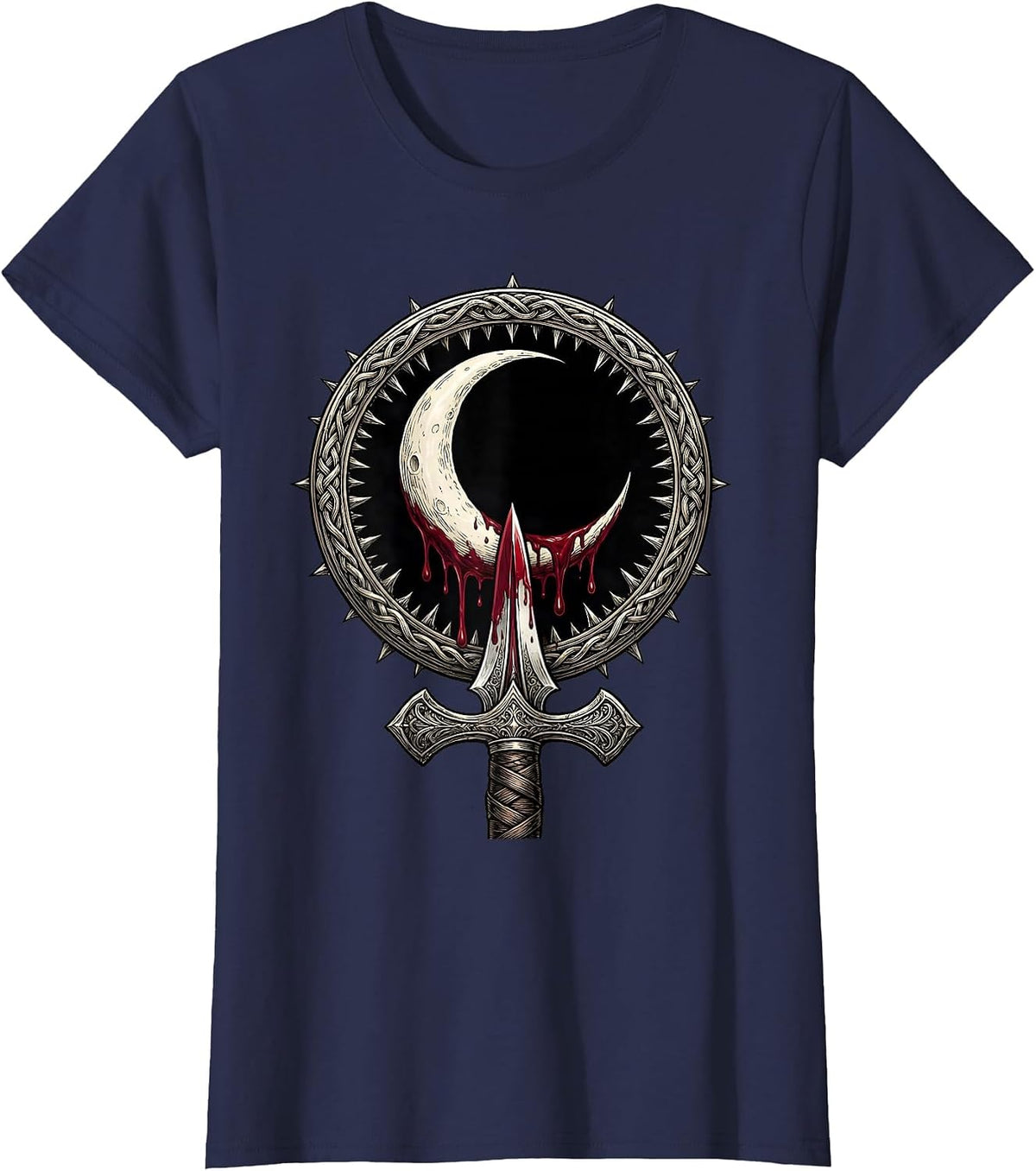 Women's Crescent Moon Blood Dagger Dark Heavy Metal Art T-Shirt - Navy Blue