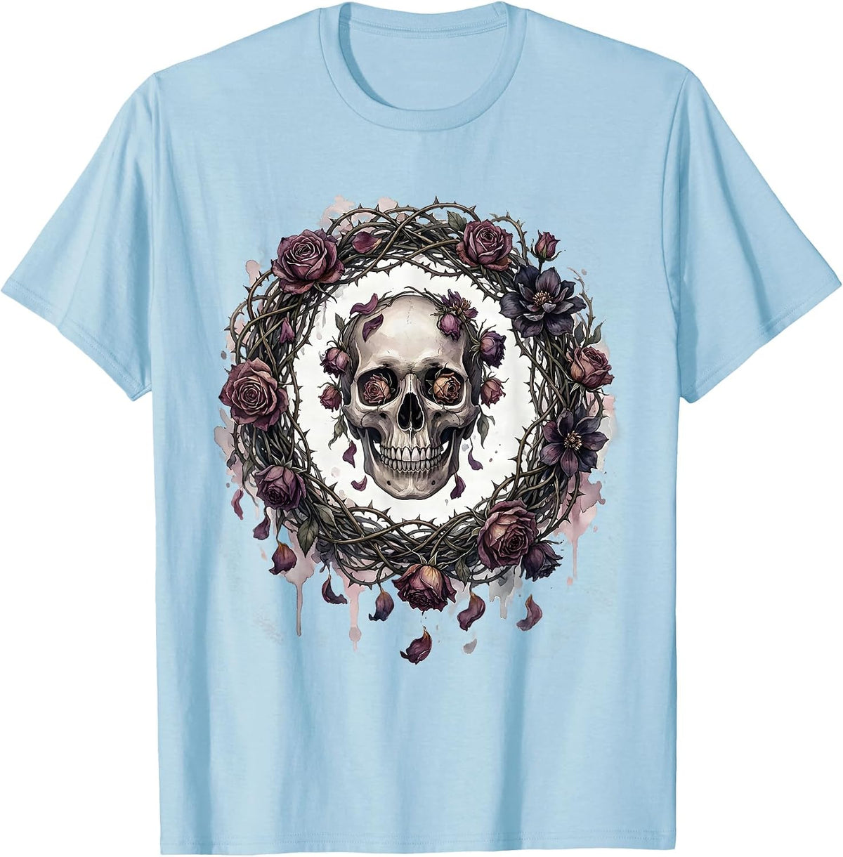 Men's Skull Wilting Black Flowers Dark Floral Crown T-Shirt - Baby Blue