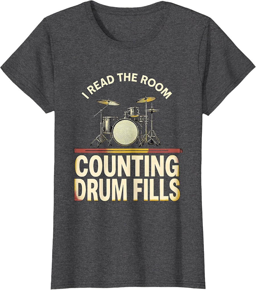 Women's I Read The Room, Counting Drum Fills Funny Drummer Humor T-Shirt - Dark Heather Grey