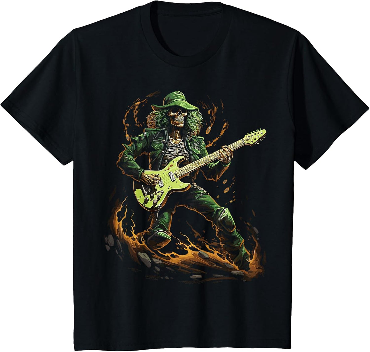Skeleton Guitar Guy Rock and Roll Band Rock On T-Shirt - Black