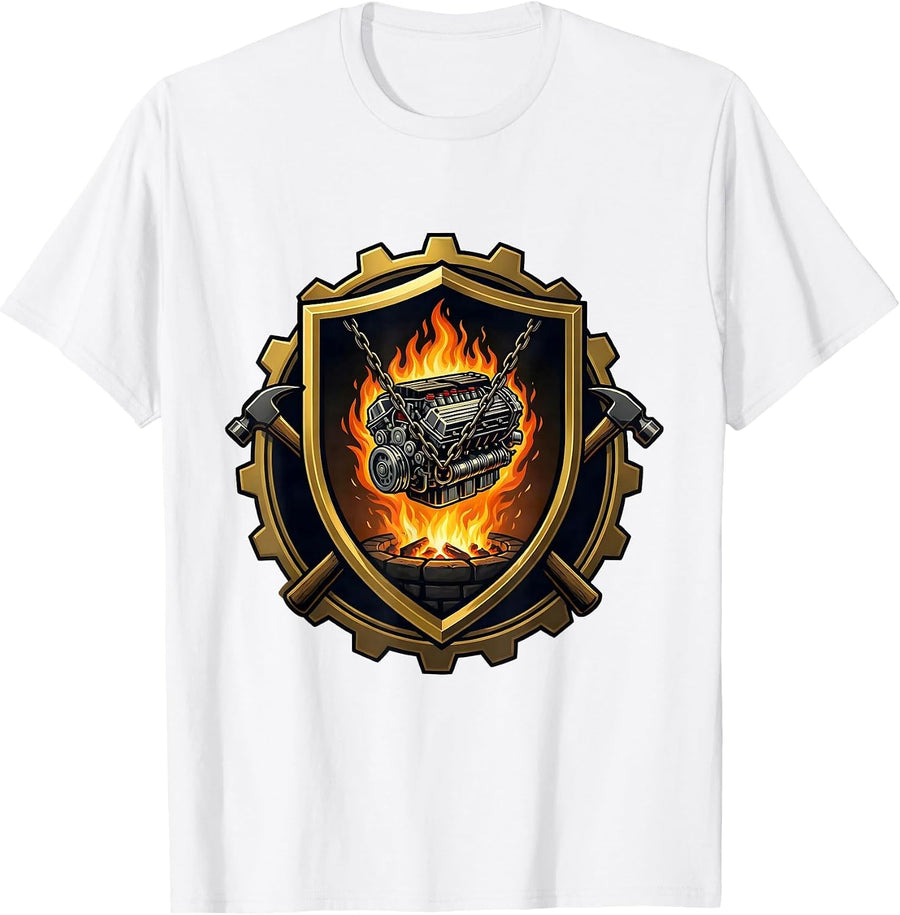 Men's Valley Forge Automotive Car Engine Blacksmith Design T-Shirt - White
