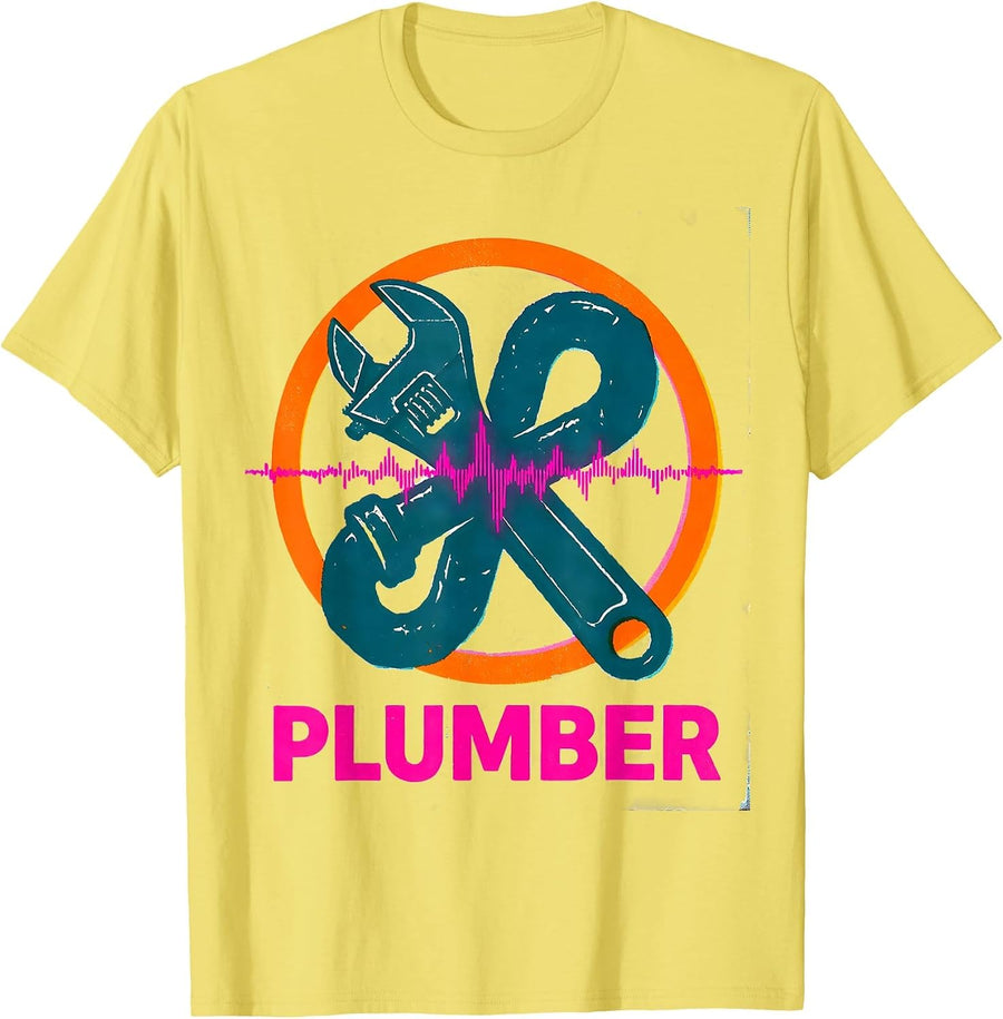 Men's Plumber Risograph Heartbeat Pulse Line Profession Identity T-Shirt - Lemon Yellow