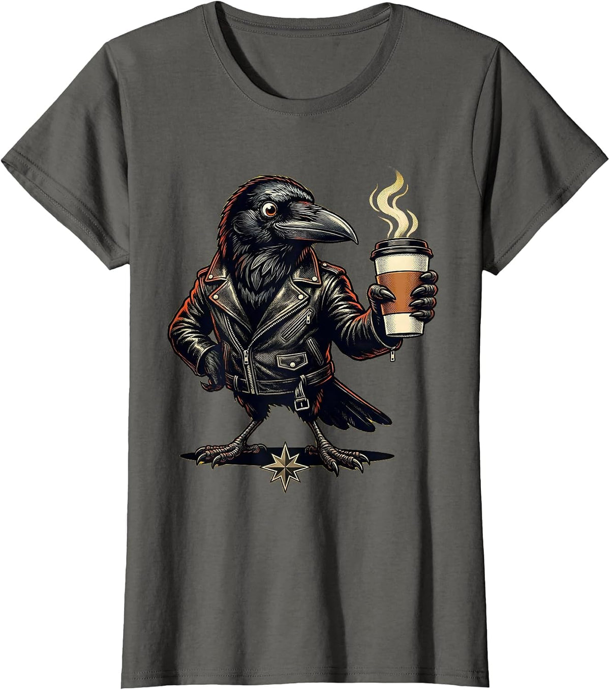 Women's Cool Crow in Leather Jacket Sipping Black Coffee T-Shirt - Asphalt Grey