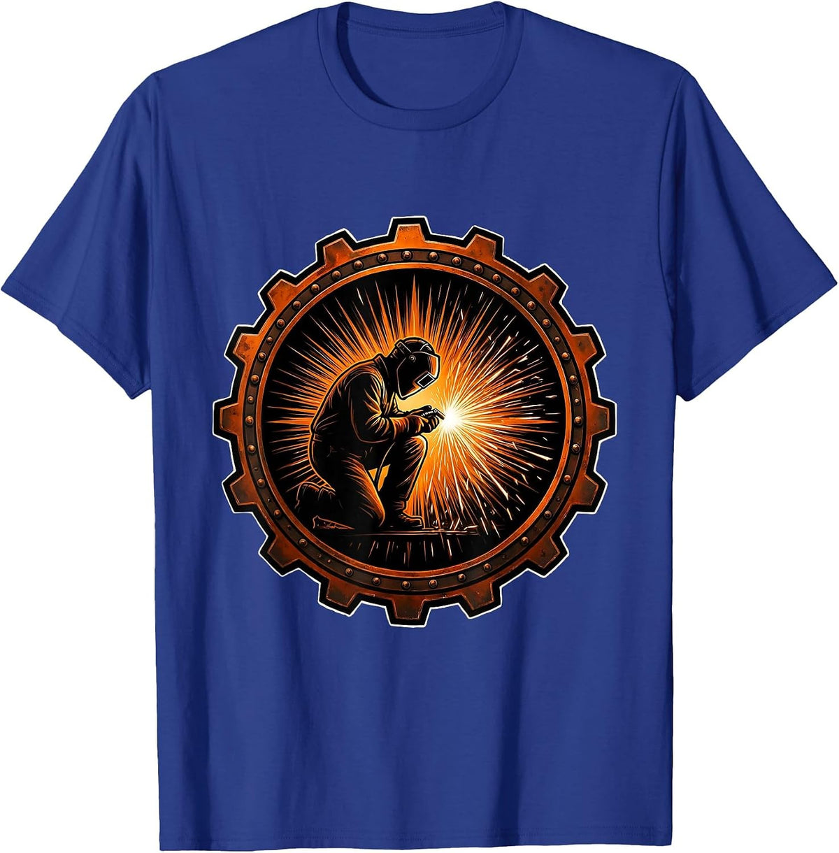 Welder Silhouette Giant Orange Spark Burst T-Shirt - Royal Blue