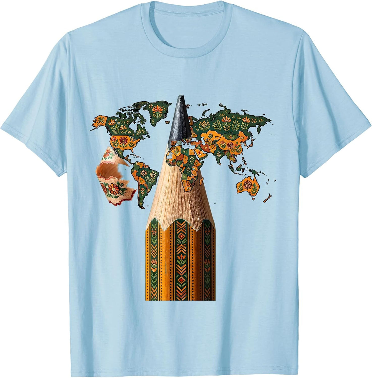 Pencil World Map Geography Explorer Design T-Shirt - Baby Blue