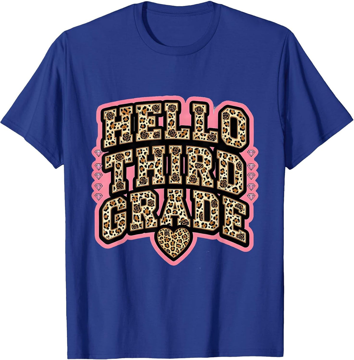Hello Third Grade Sparkle Varsity Leopard Teacher Back T-Shirt - Royal Blue