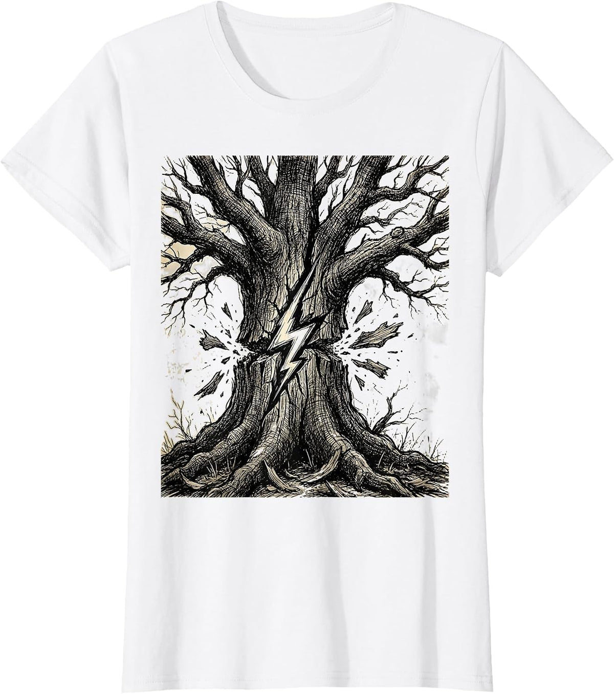 Grunge Lightning Bolt Splitting Dead Tree T-Shirt - White