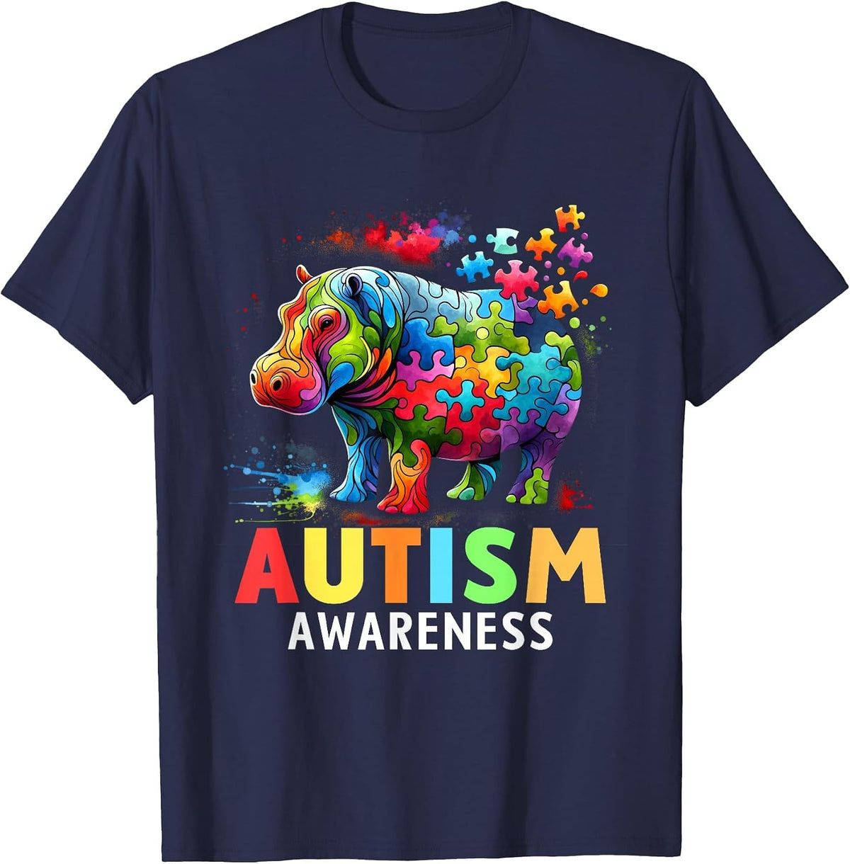 Hippo Autism Awareness Month Autistic T-Shirt - Navy Blue