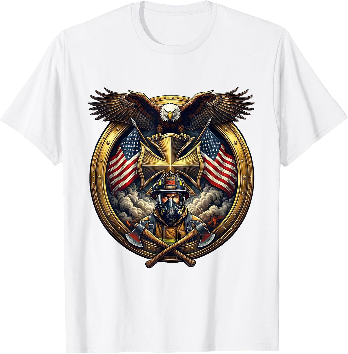 Men's Firefighter Emerging From Smoke Oxygen Mask T-Shirt - White