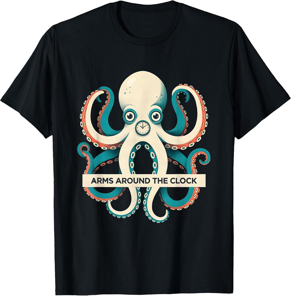 Men's Arms Around The Clock Midcentury Modern Octopus Lover Ocean T-Shirt - Black