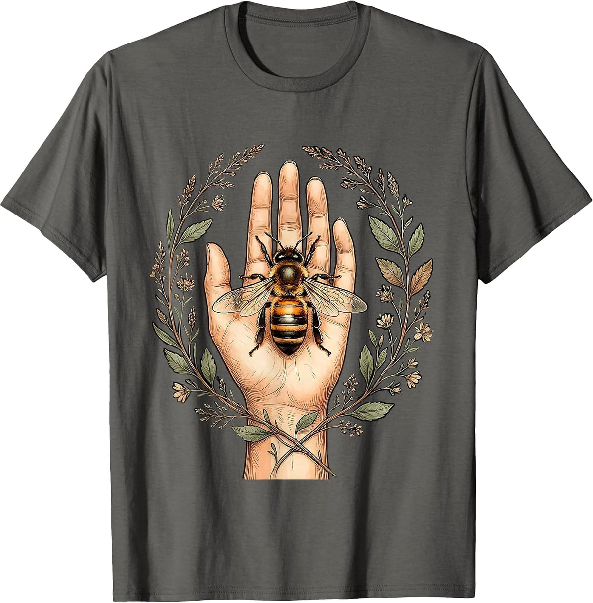 Bee Kindness Gentle Landing on Open Palm Design T-Shirt - Asphalt Grey