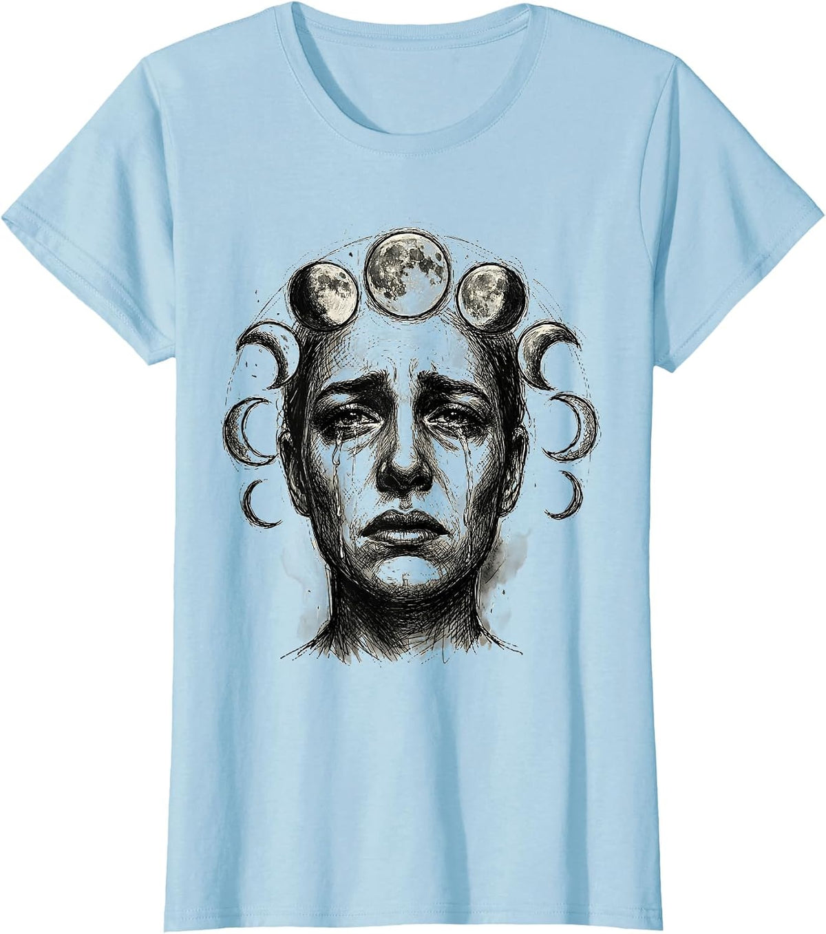 Moon Phases Weeping Portrait Emo Graphic Tee T-Shirt - Baby Blue
