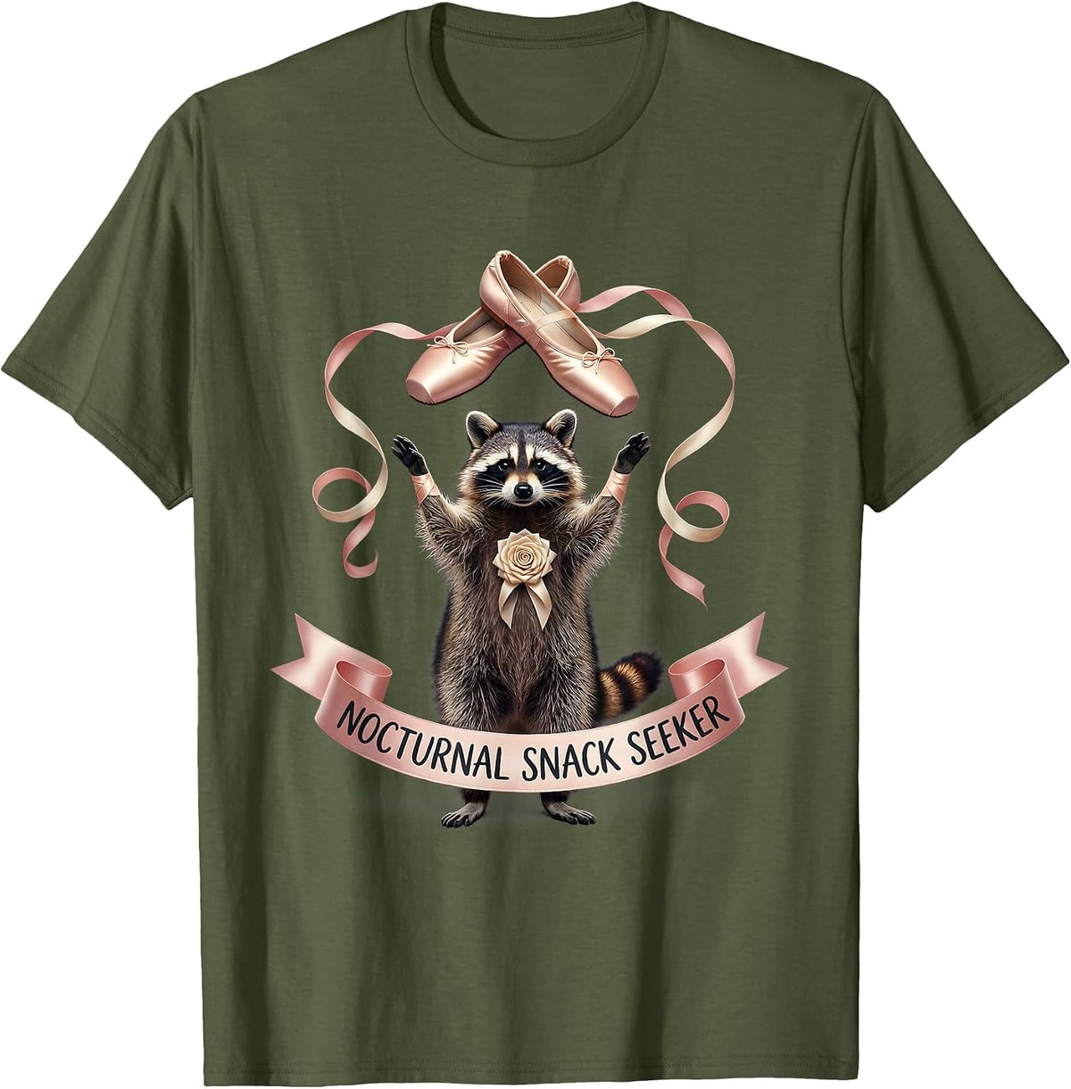 Nocturnal Snack Seeker Raccoon Design T-Shirt - Olive Green