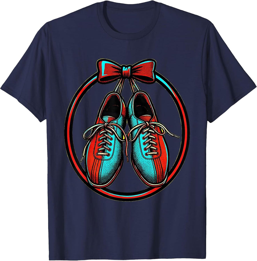 Bowling Shoes Tied Together Graphic Tee T-Shirt - Navy Blue