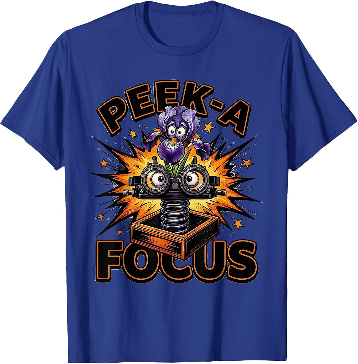 Men's Peek-a-Focus Comic Book Halloween Optometrist Eye Doctor T-Shirt - Royal Blue