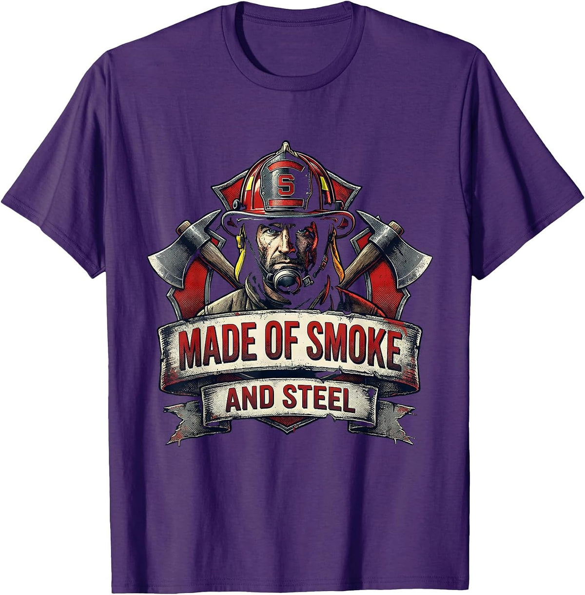 Made of Smoke and Steel Firefighter Design T-Shirt - Purple