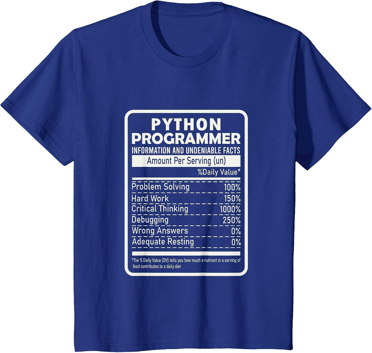 Funny Python Programmer Nutritional Facts Python Programming T-Shirt - Royal Blue