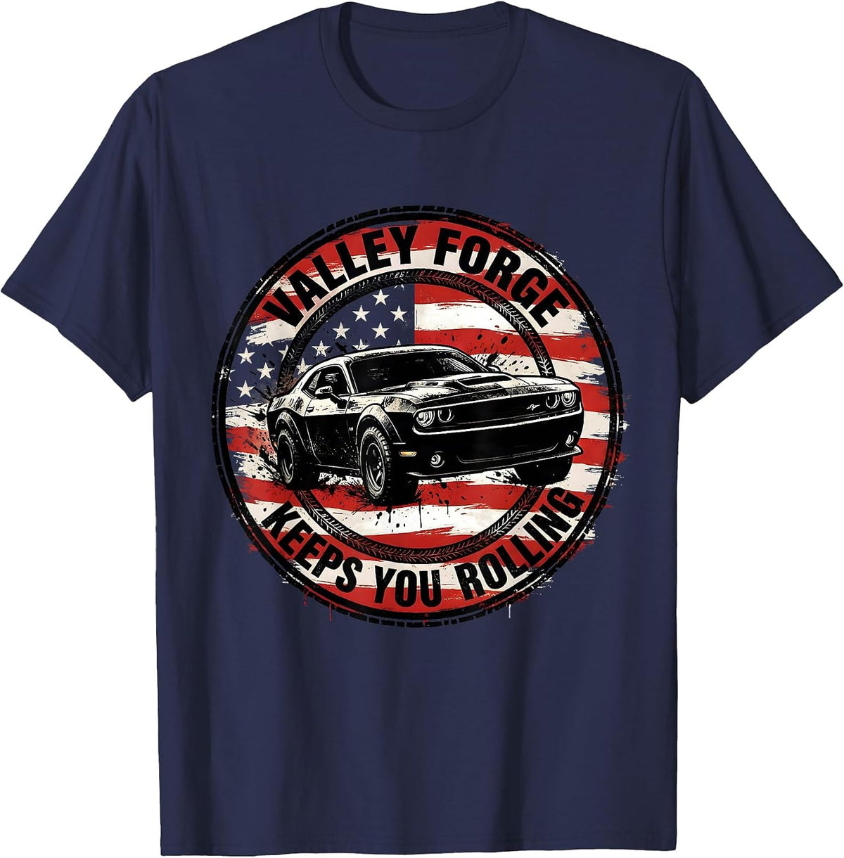 Valley Forge Keeps You Rolling Automotive Design T-Shirt - Navy Blue