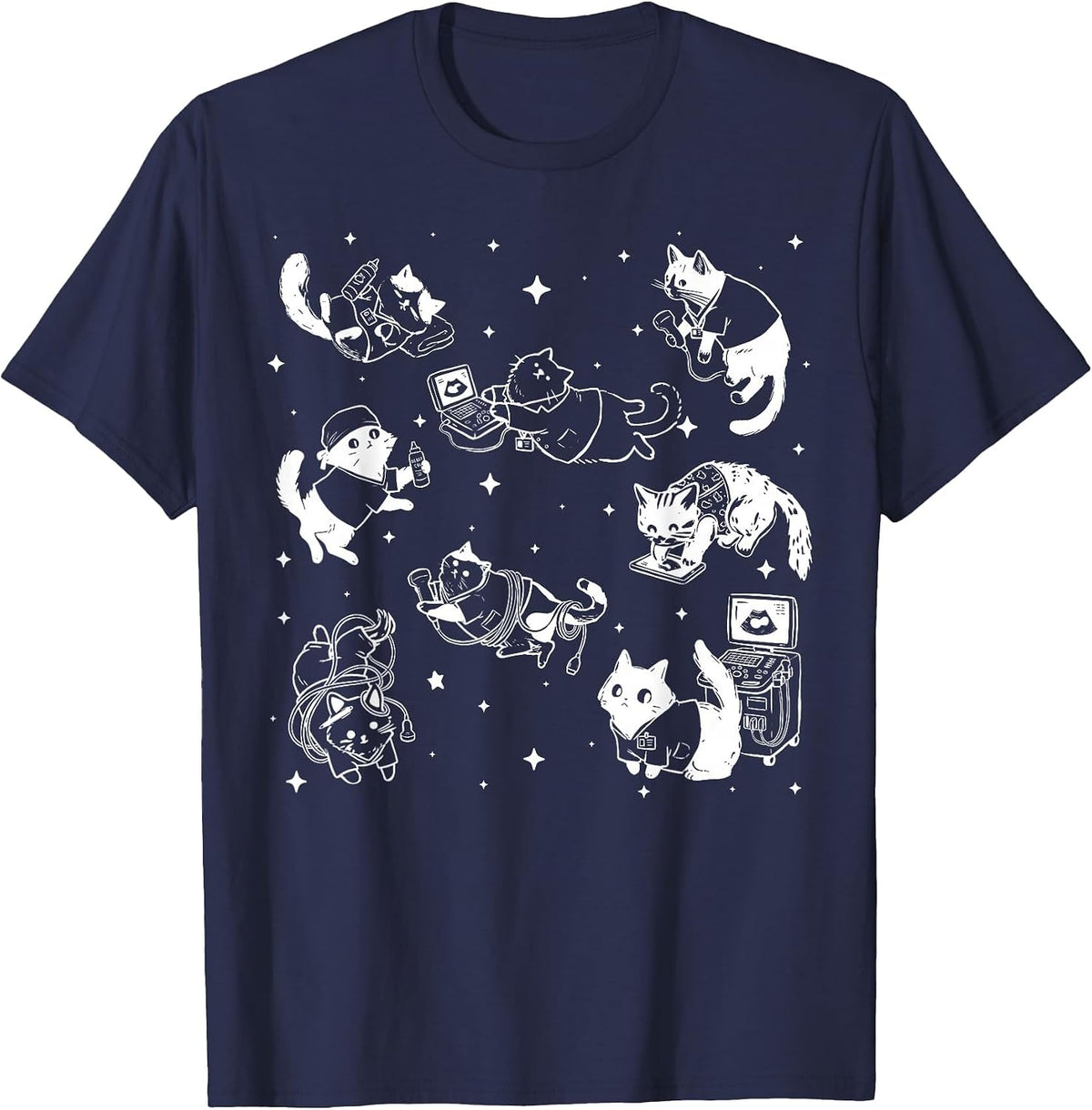 Cute Cat Sonographer Ultrasound Tech OBGYN Medical Humor T-Shirt - Navy Blue