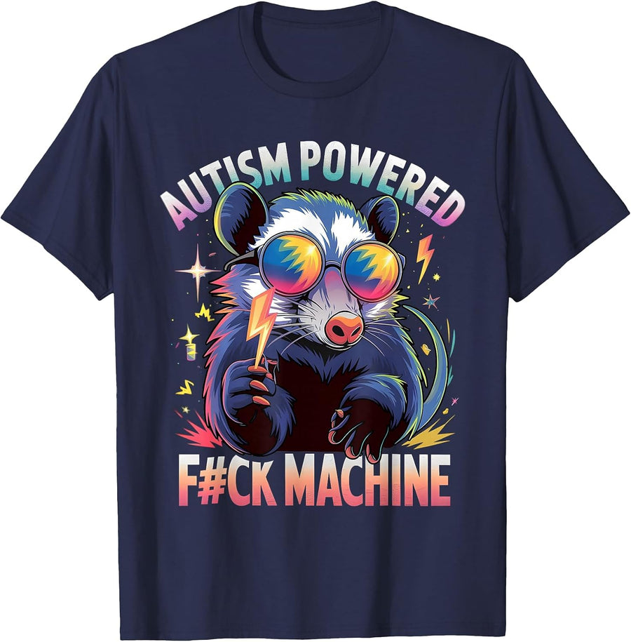 Autism Powered F#ck Machine Funny Meme Opossum Autistic T-Shirt - Navy Blue
