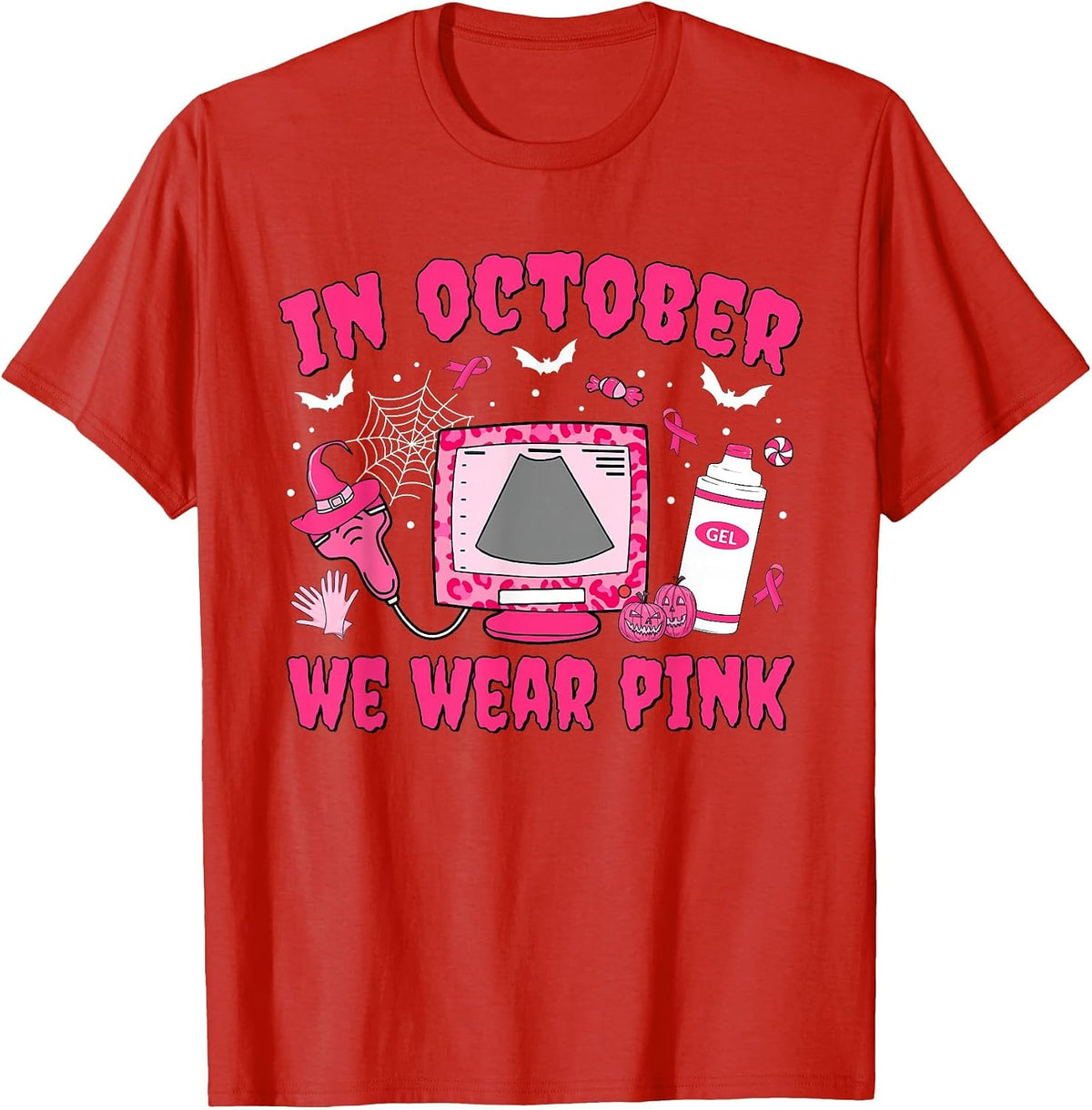 in October We Wear Pink Sonographer Leopard Breast Cancer T-Shirt - Red