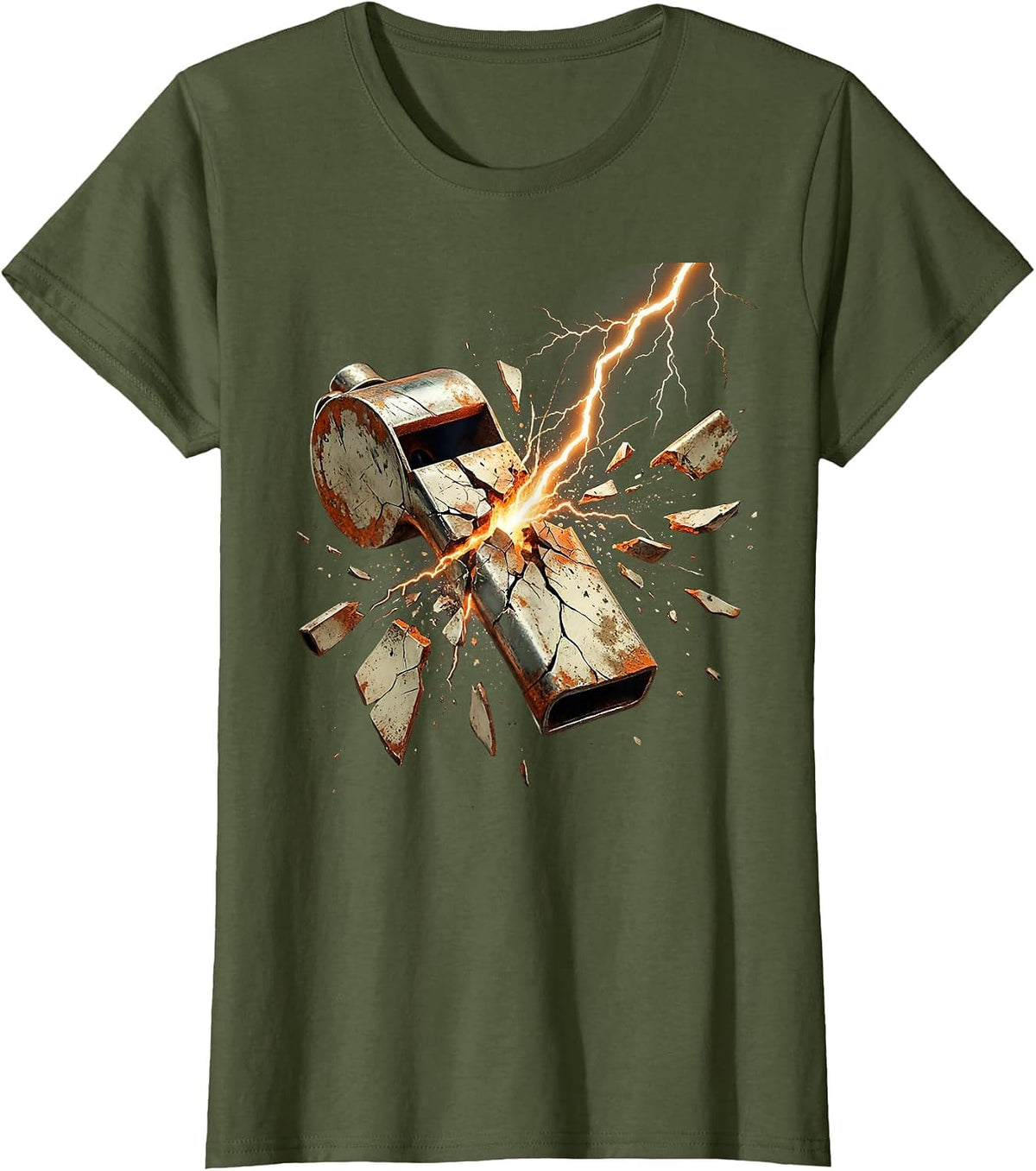 Women's Rugby Referee Whistle Lightning Bolt Graphic T-Shirt - Olive Green