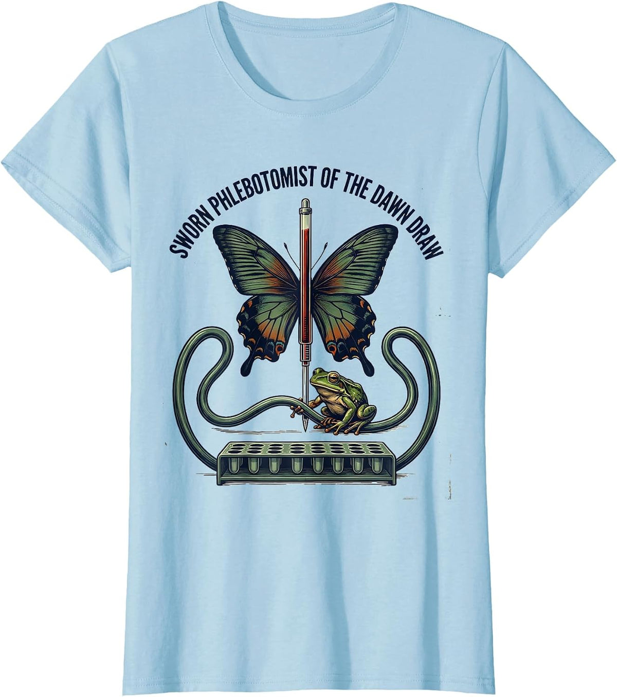 Sworn Phlebotomist Of The Dawn Draw Vintage Frog Nurse Humor T-Shirt - Baby Blue