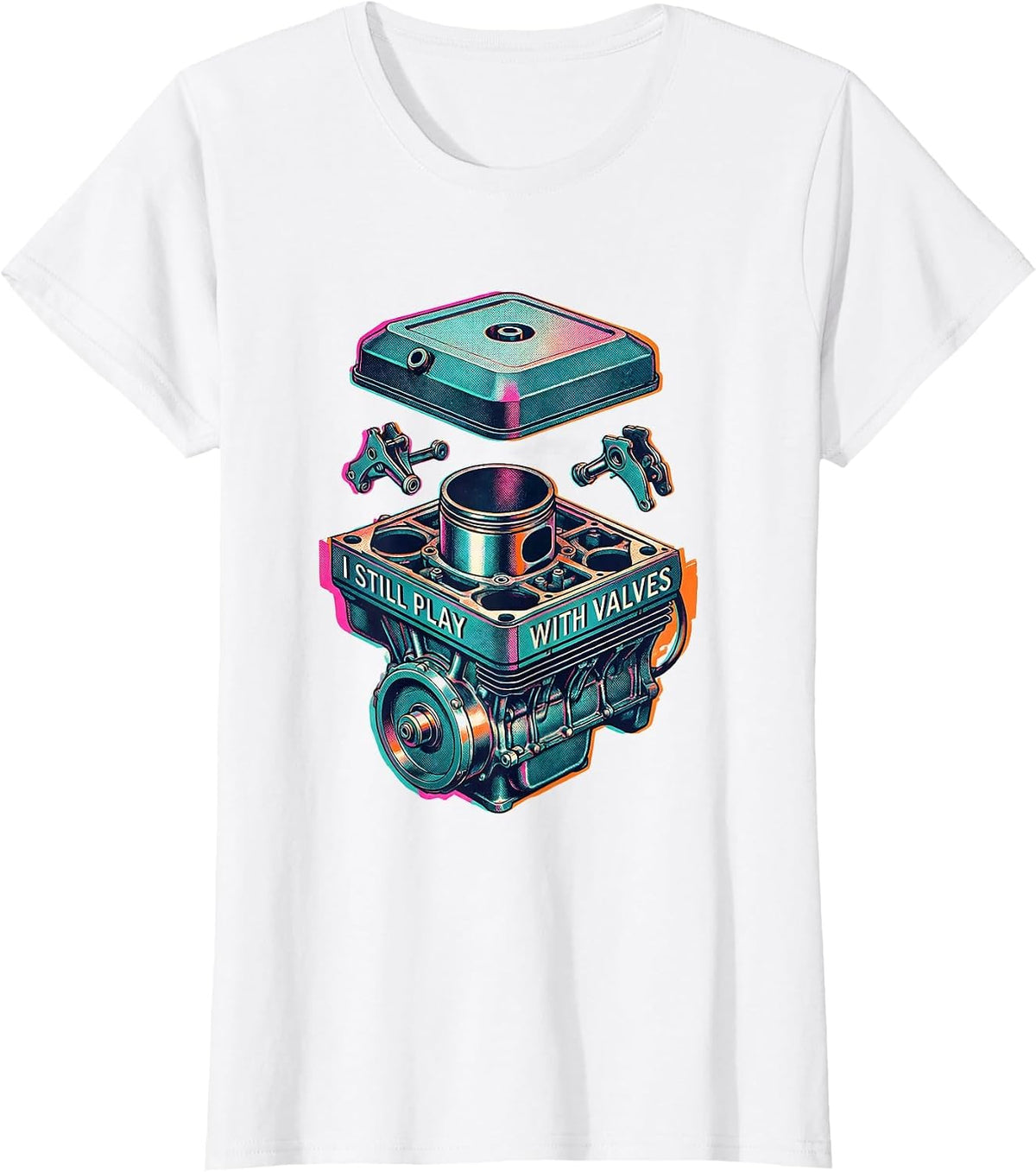 I Still Play With Valves Risograph Mechanic Engine Block T-Shirt - White