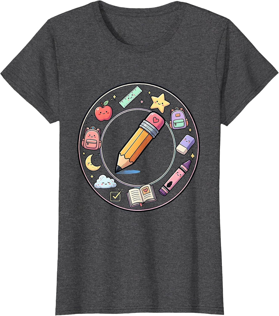 Women's First Grade Teacher Pencil Heart Eraser Graphic T-Shirt - Dark Heather Grey