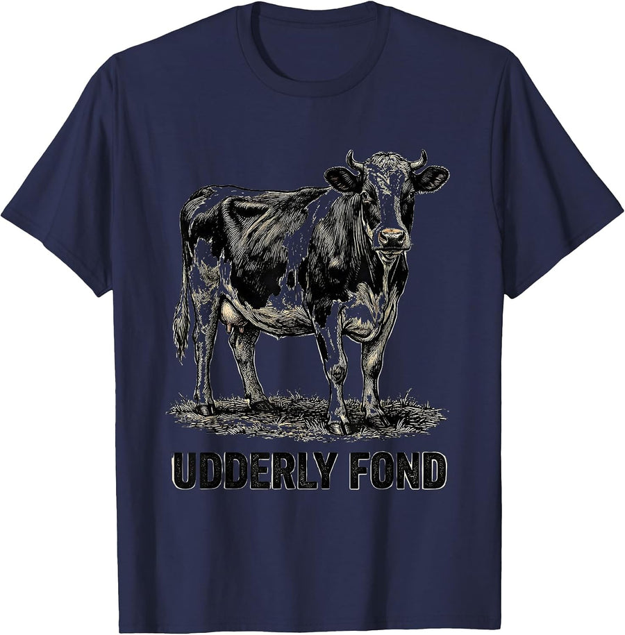 Udderly Fond Funny Farm Animal Cow Lover Pun Humor T-Shirt - Navy Blue