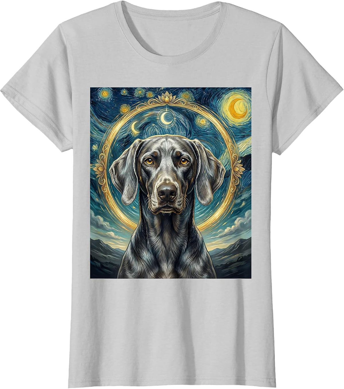 Sleek Weimaraner Van Gogh Starry Night Art Portrait T-Shirt - Silver Grey