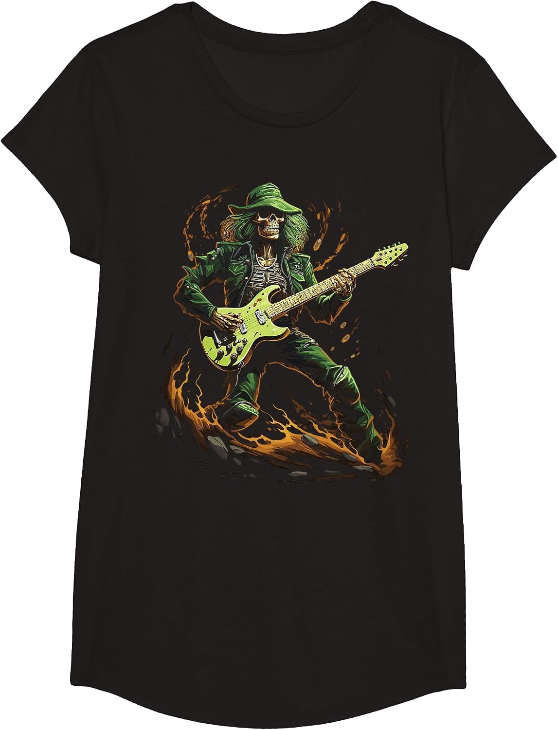 Skeleton Guitar Guy Rock and Roll Band Rock On T-Shirt - Girls Black