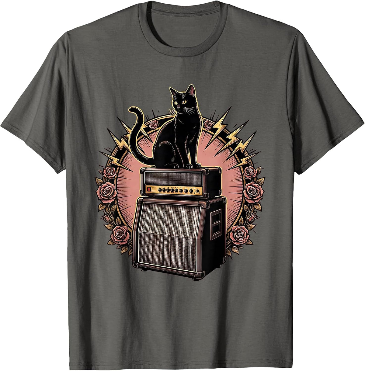 Black Cat Silhouette on Amp Stack Rock Art T-Shirt - Asphalt Grey