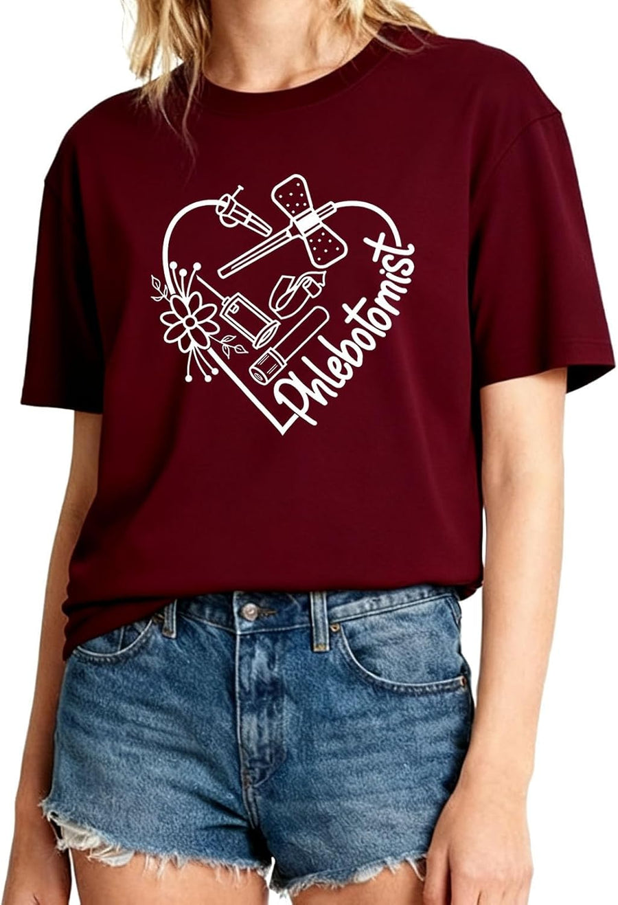 Women's Phlebotomist Shirt Aesthetic Floral Heart Graphic Short Sleeve T-Shirt Summer Tees Top Phleb Nurse Gift - Red