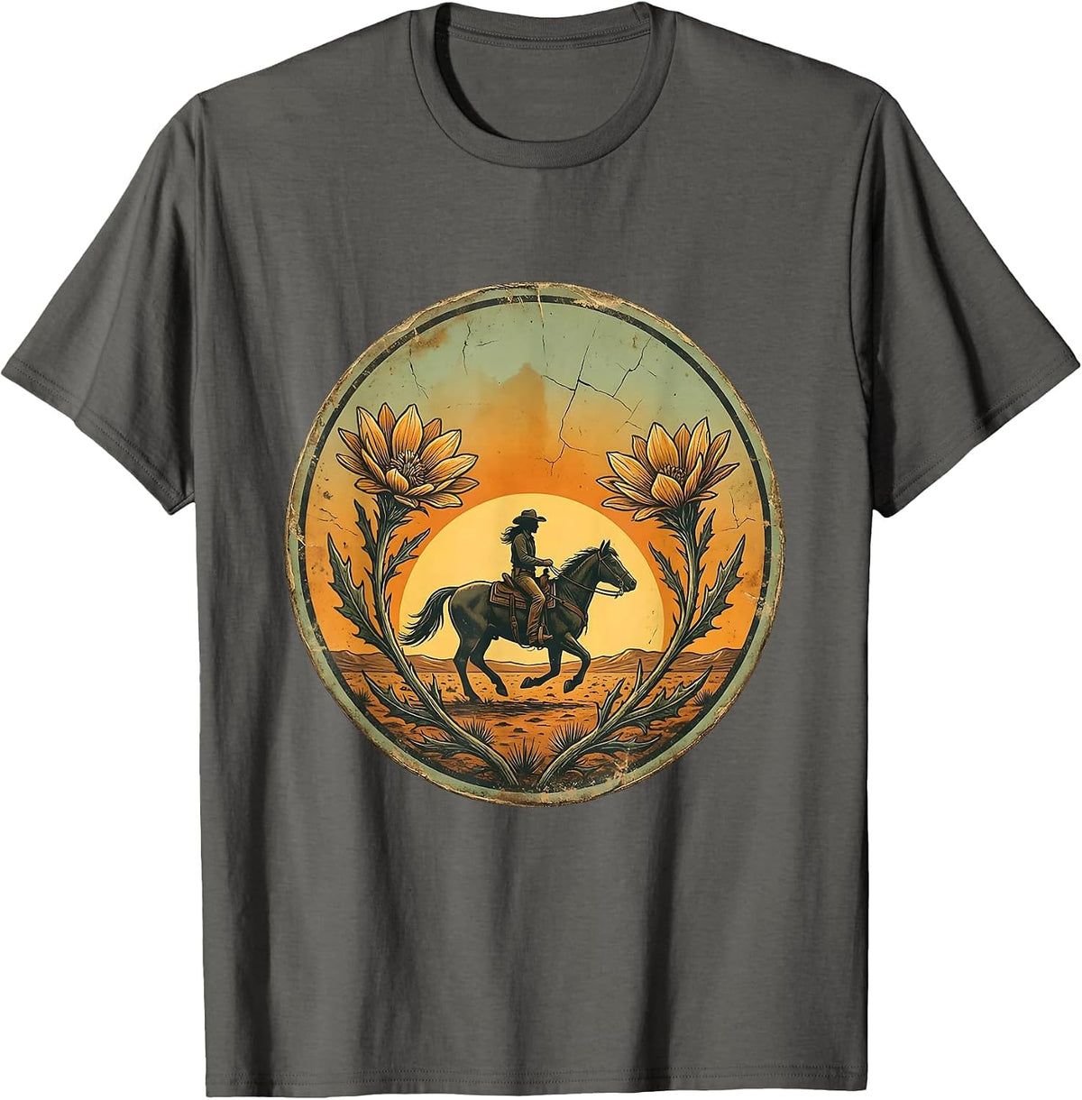 Lone Cowgirl on Horseback Desert Riding Graphic T-Shirt - Asphalt Grey