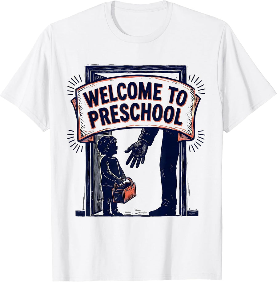 Men's Welcome To Preschool Linocut Preschool Teacher Appreciation T-Shirt - White