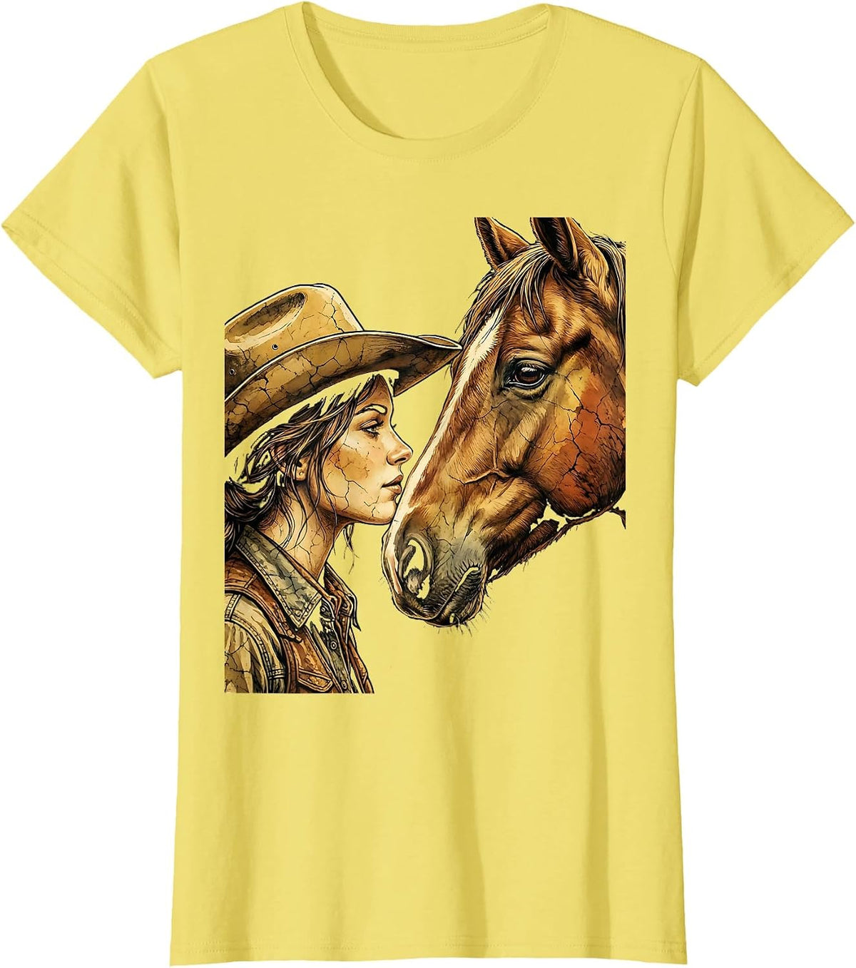 Cowgirl and Horse Nose-to-Nose Portrait Graphic T-Shirt - Lemon Yellow