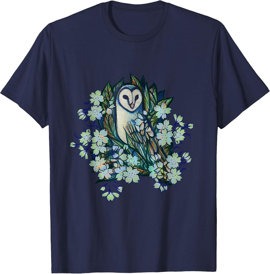 Floral Barn Owl T-Shirt - Navy Blue