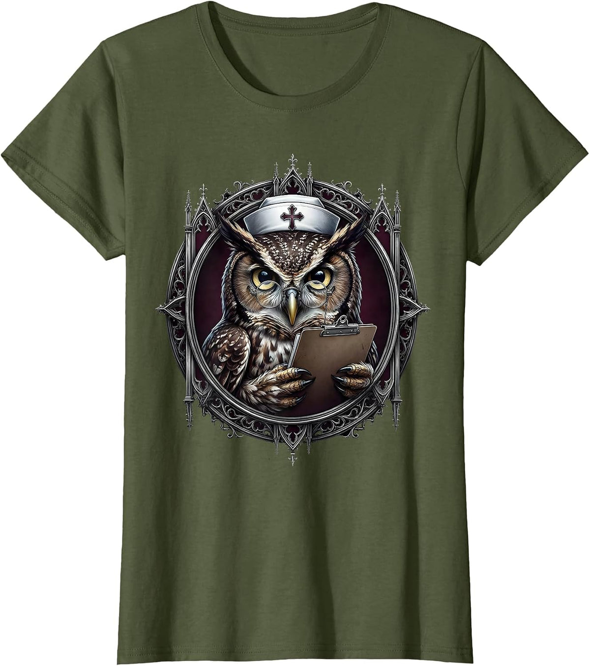 Women's Nurse Owl Halloween Costume Glasses Clipboard T-Shirt - Olive Green