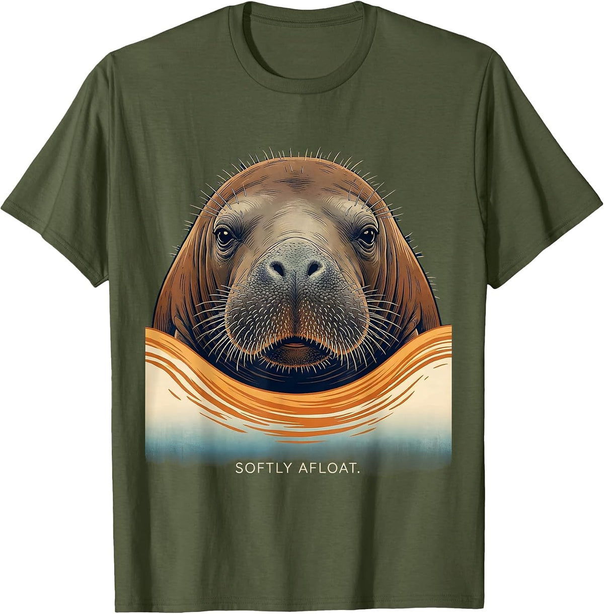 Men's Softly Afloat Ukiyo-e Manatee Lover Floaty Potato Humor T-Shirt - Olive Green