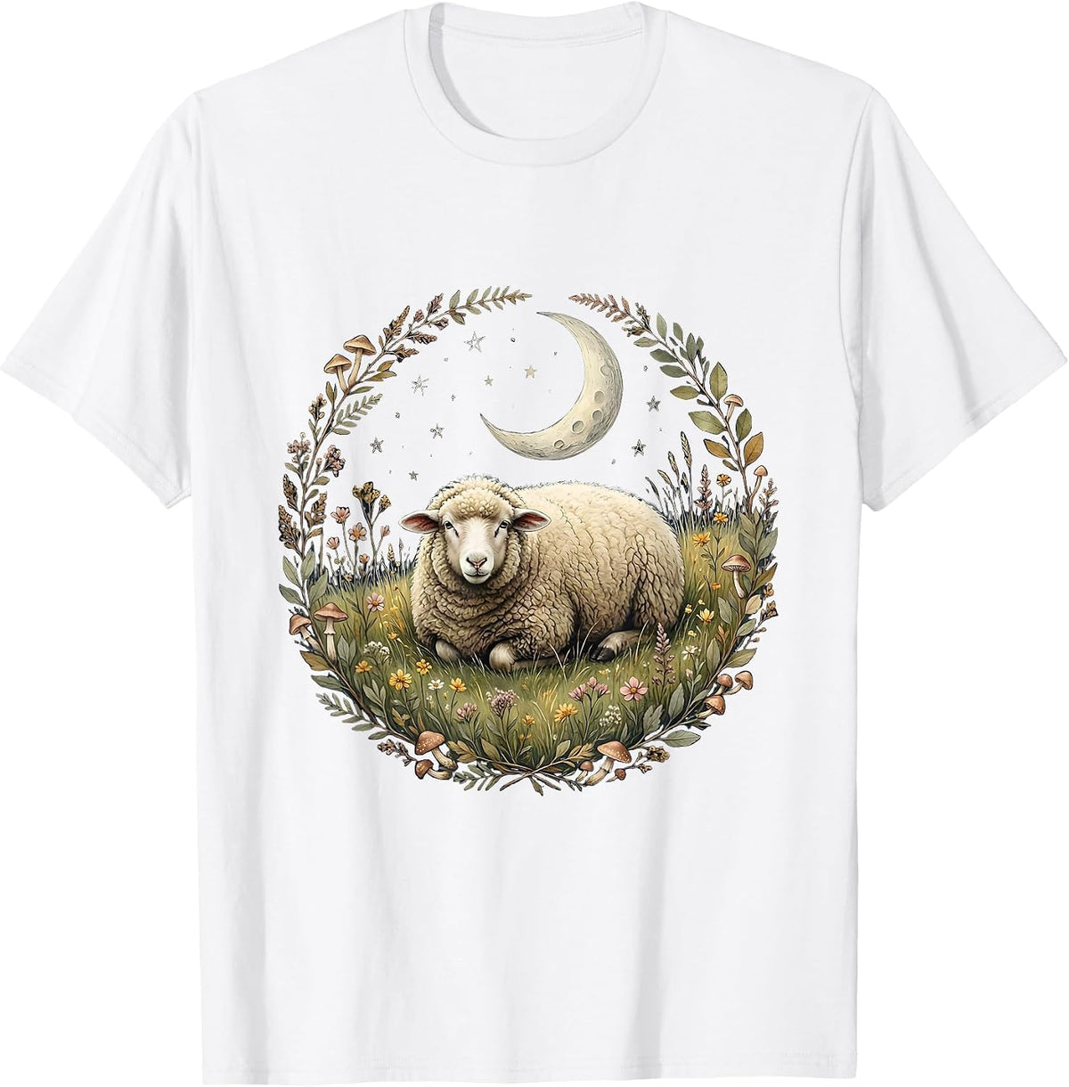 Men's Lone Sheep Under Starry Sky Psalm 23 Design T-Shirt - White