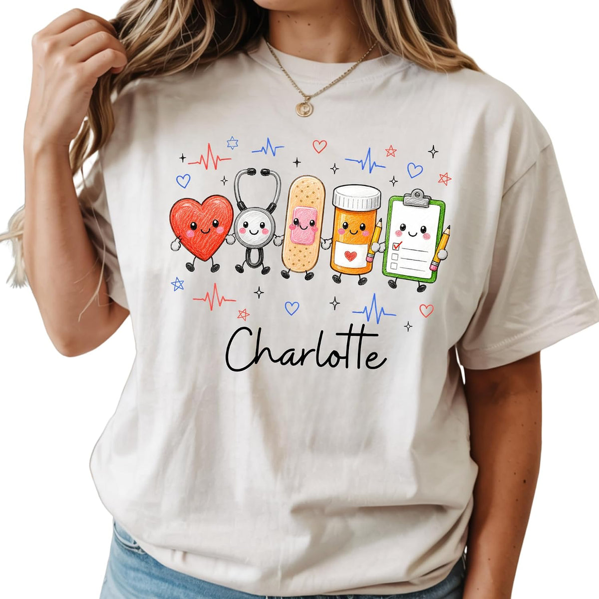 Personalized Nurse Shirt with Custom Name, Cute Medical Heart Stethoscope Bandage Pill Bottle Clipboard Graphic, Comfort