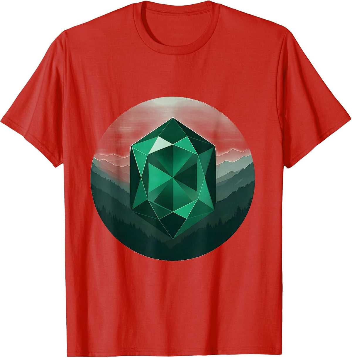 Men's Colombian Emerald Geometric Gemstone Art T-Shirt - Red