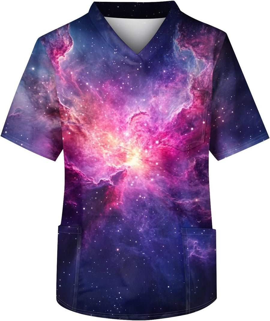 Scrubs for Men V Neck Scrub Tops Short Gradient Print Sleeve Scrubs Surgical Uniform Shirts with 3 Pocket - 01-light Purple