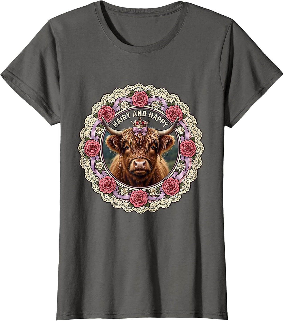 Women's Hairy and Happy Highland Cow Design T-Shirt - Asphalt Grey