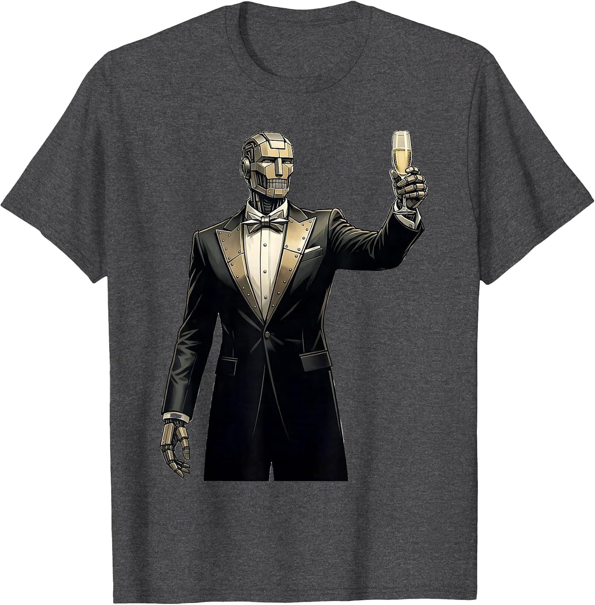 Robot in Tuxedo Champagne Toast Graphic T-Shirt - Dark Heather Grey