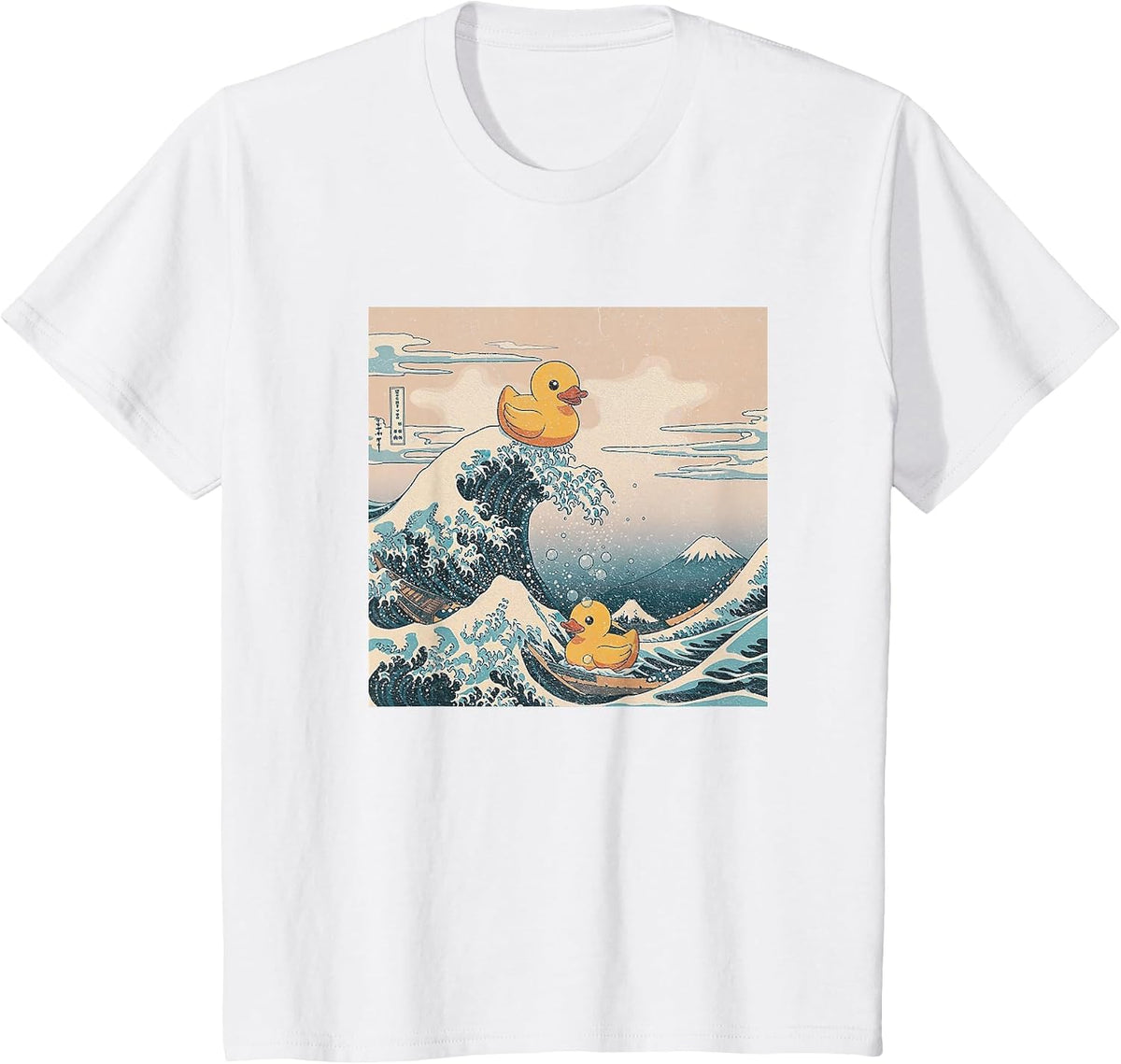 Great Wave with Rubber Ducks Funny Japanese Art Parod T-Shirt - White