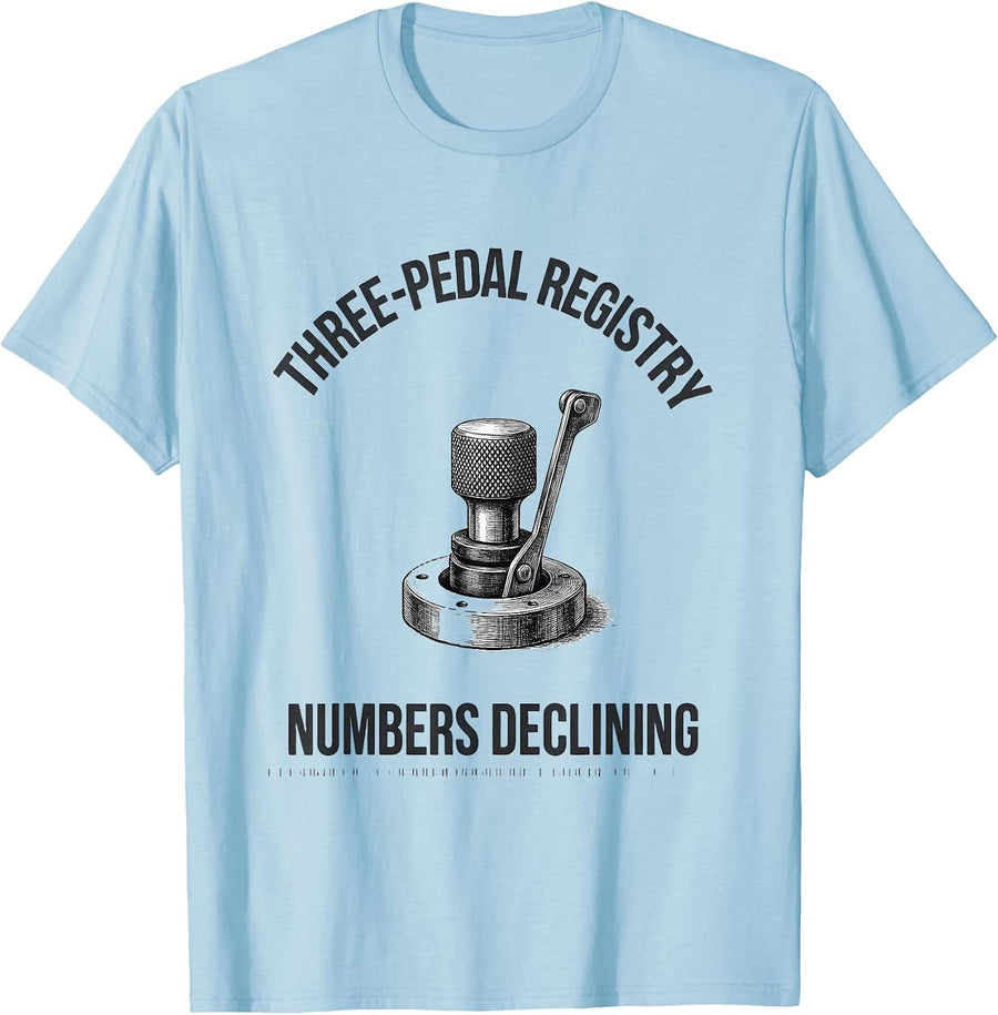 Men's Three-Pedal Registry, Numbers Declining Car Guy T-Shirt - Baby Blue